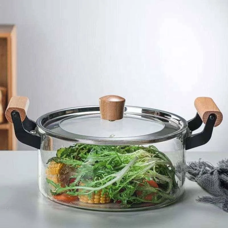 2.5L 3L 4L 5L Glass high borosilicate transparent wooden handle for domestic soup pot saucepans can be heated over an open flame
