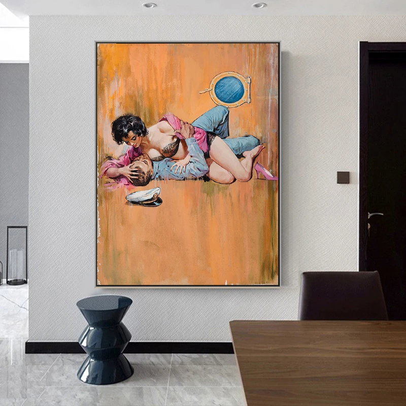 Modern abstract nude sexy couple love floating frame canvas wall art oil painting