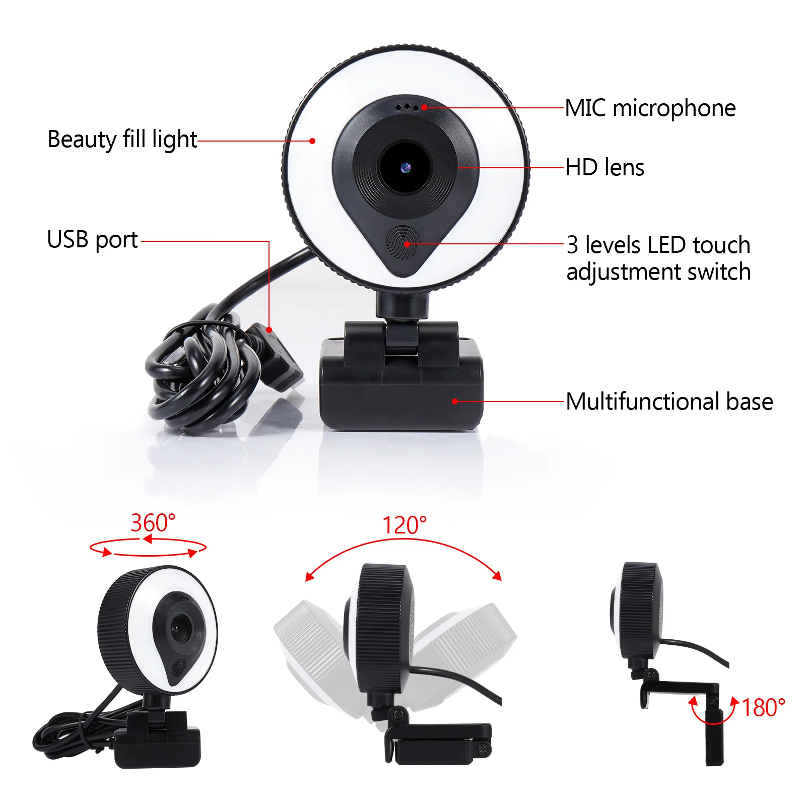 Wholesale Streaming Web Camera 1080P 2K 4K Webcam Ring Light Built in Adjustable Webcam Lighting