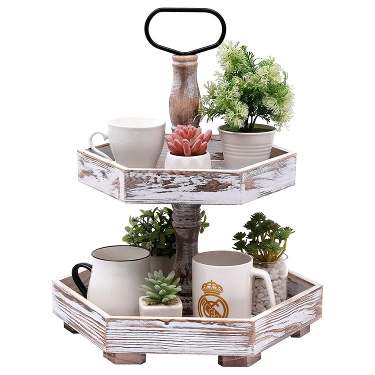 Tiered Tray Stand 2 Tier Wood Serving Trays Farmhouse Heaxgon Wooden Platter for Coffee Bar Cakes Desserts Fruits Snack Candy