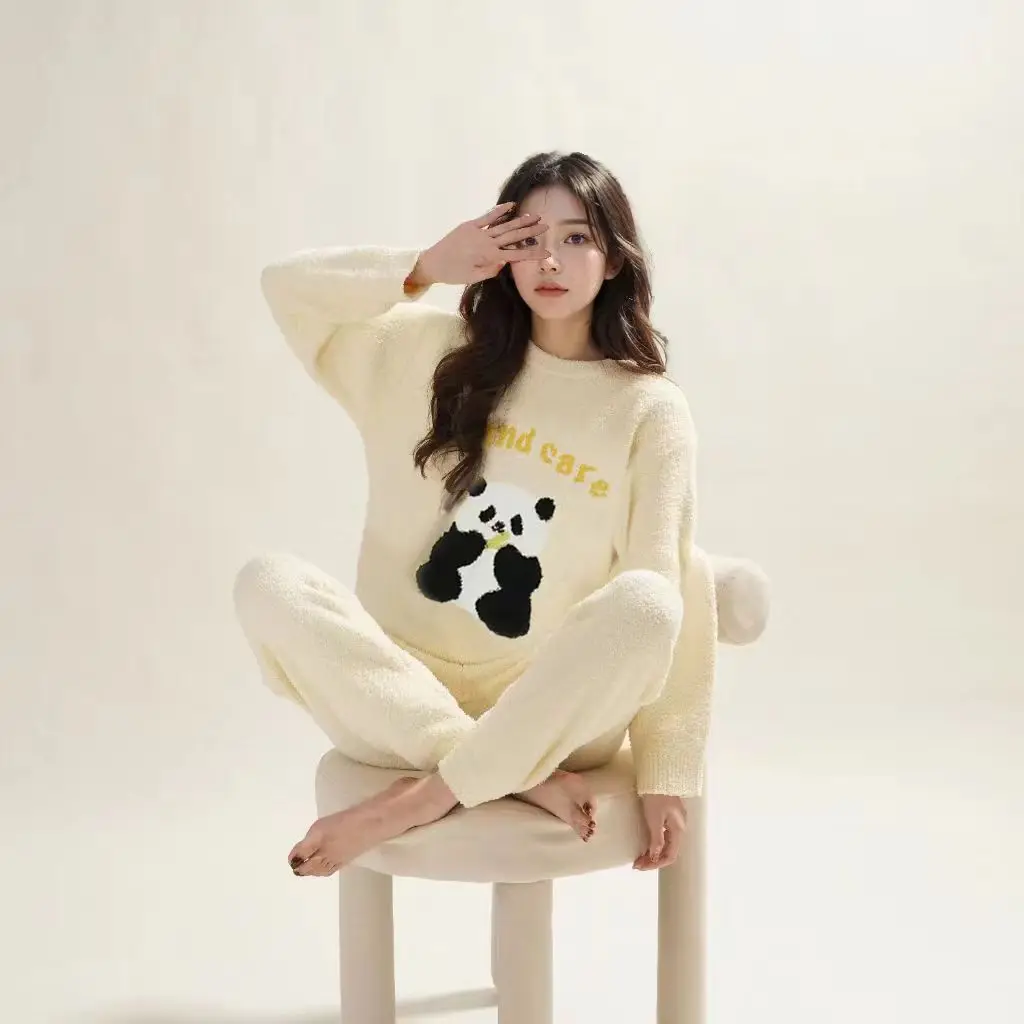 Ladies Casual Home Wear Pajamas New Spring Autumn Winter Long Sleeve Fleece-Lined Striped Suit Knitting Fabric Loose Fit Cartoon