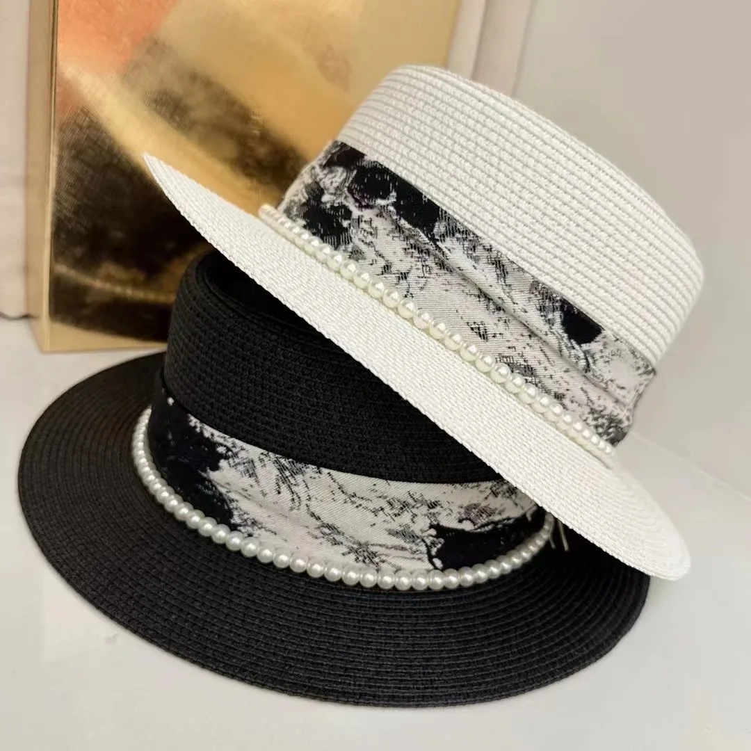 Women Straw Boater Hat with Shiny Pearl Decoration Ribbon Hatband French Elegance Beach Travel Wide Brim Hat square Bolero Cap
