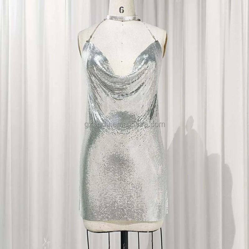 Women Metal Mesh Night Club Dress Aluminum Sequin Metallic Shiny Silver Chain Mail Dress For Party