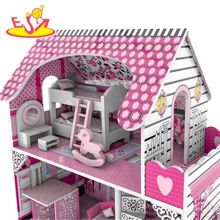 New hottest children pretend play wooden big doll house with slide W06A442