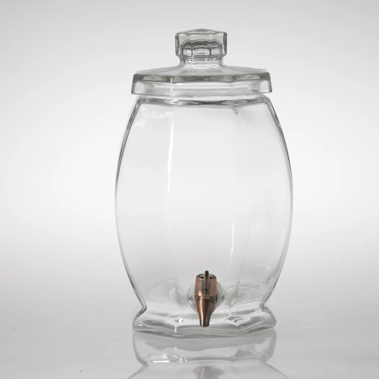new design clear glass containers glass drinking beverage dispenser with metal lid and wooden stand
