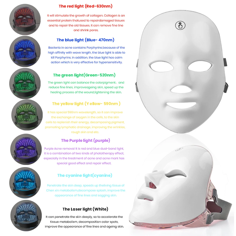 Rechargeable Facial Beauty Red Blue 7 Colors LED Photo Rejuvenation Therapy Face Skin Mask Device