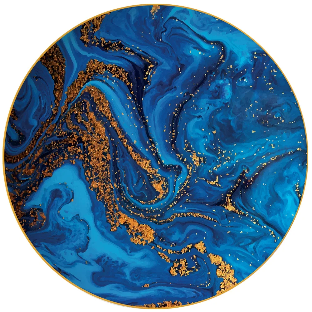 Wholesale new design fine bone china dinnerware sets, 10.5 inch blue marble ceramic dinner plates with gold rim