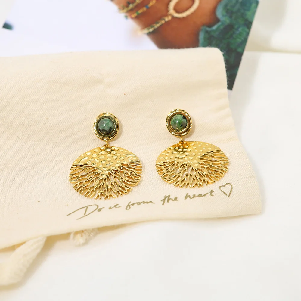 Vintage Ethnic Natural Stone Titanium Steel Stud Earrings 18K Gold Hammered Texture Exaggerated Personalized Women Earrings