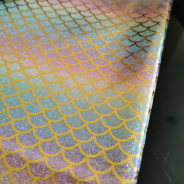 Wholesale Morden Iridescent Sparkly 100% Polyester Rainbow Crystal Laser Foil Print Mermaid Scale Holographic Foil Lame Fabric
