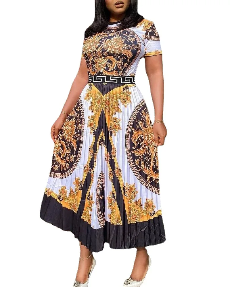 2022 new large size fashion high waist long skirt printing temperament commuter pleated dress