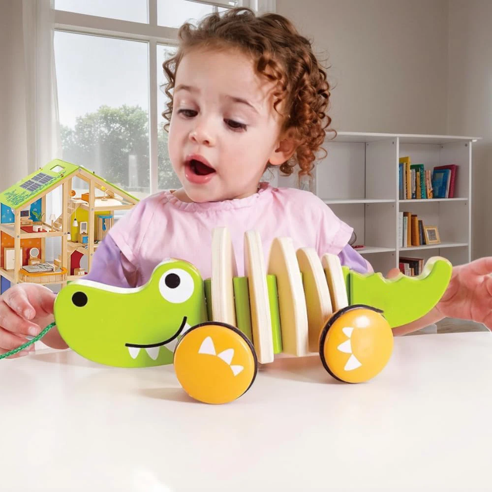 Walk-A-Long Croc Toddler Wooden Pull Along Toy Toddlers 1-3 Pull String Toy Toddler Push for Walking Pull Along Car Toys