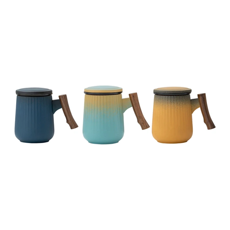 Wholesale customize logo wood handle coffee tea mug ceramic mug with lid Gradient color water cup with wooden handle