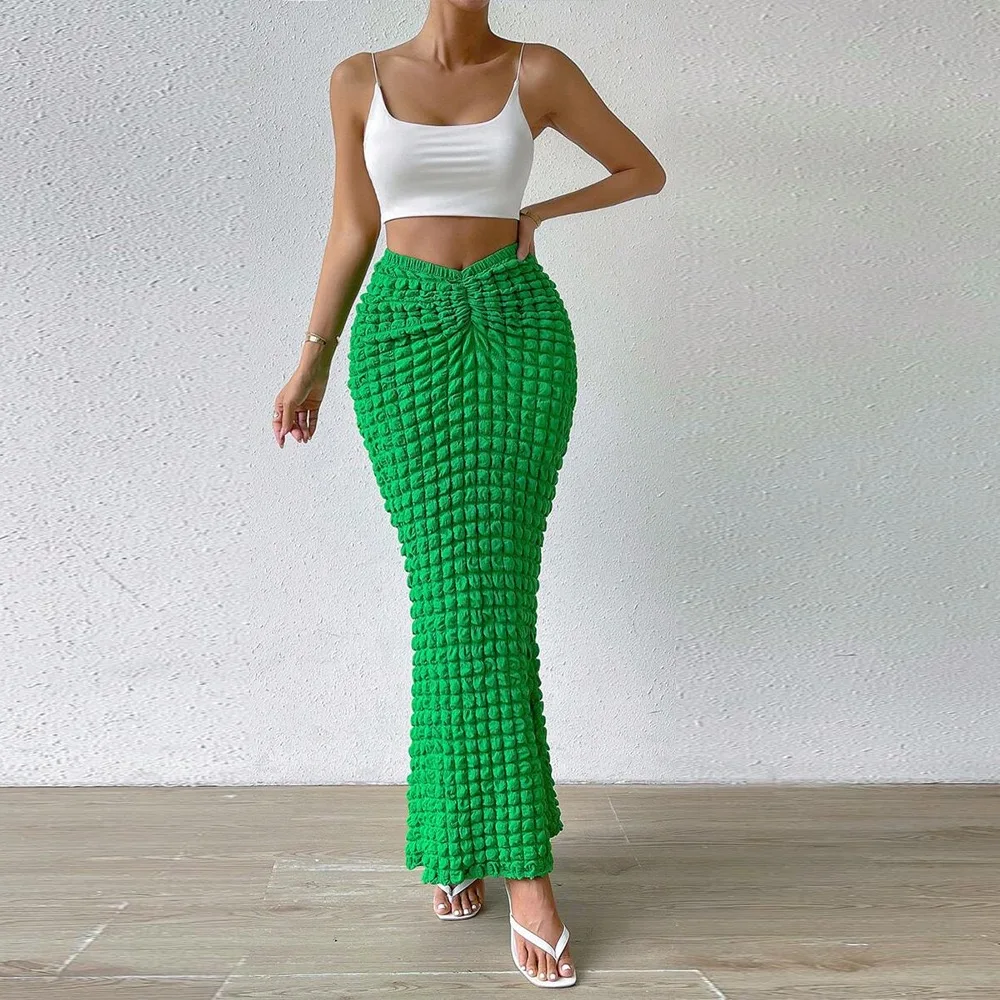 Sexy Popcorn Slim Long Skirt Women High Waist Solid Green Pencil Skirts 2023 Fall Elegant Bubble Grunge Clothing Bodycon Skirt