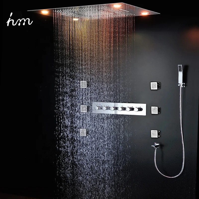 hm SUS 304 Thermostatic Rainfall Waterfall Lateral Jet Mode Bathroom Accessories LED Mult Color Shower Faucets Sets