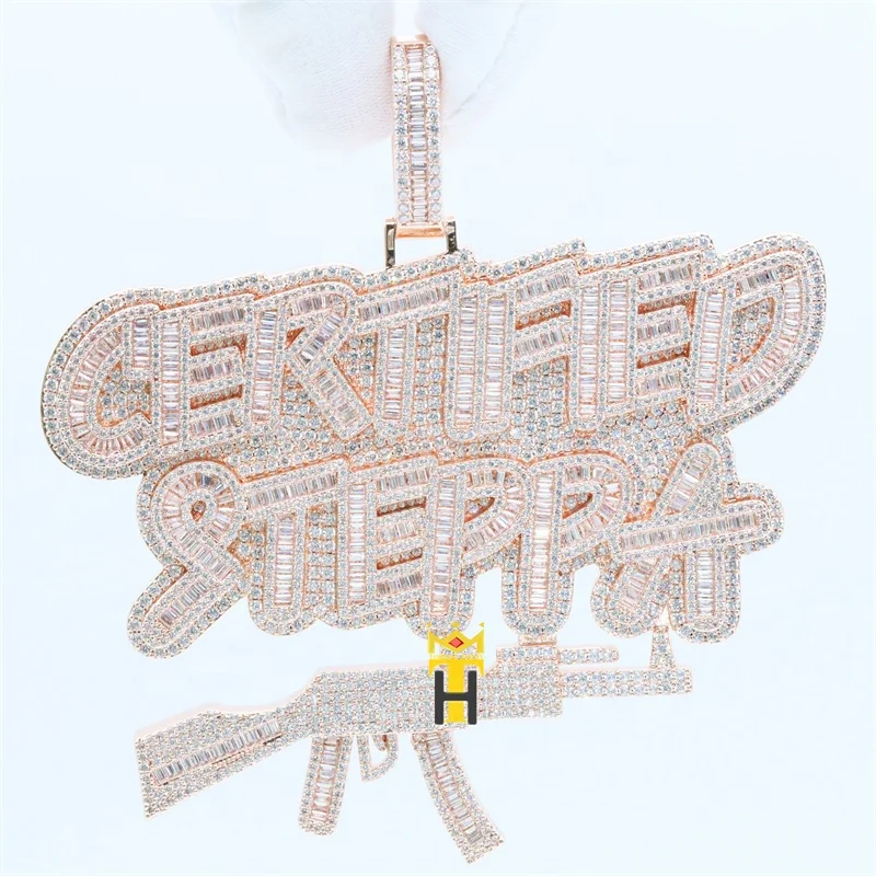 Custom hiphop pendant iced cz diamond jewel 925 silver copper rose gold men gun letter charm pendant