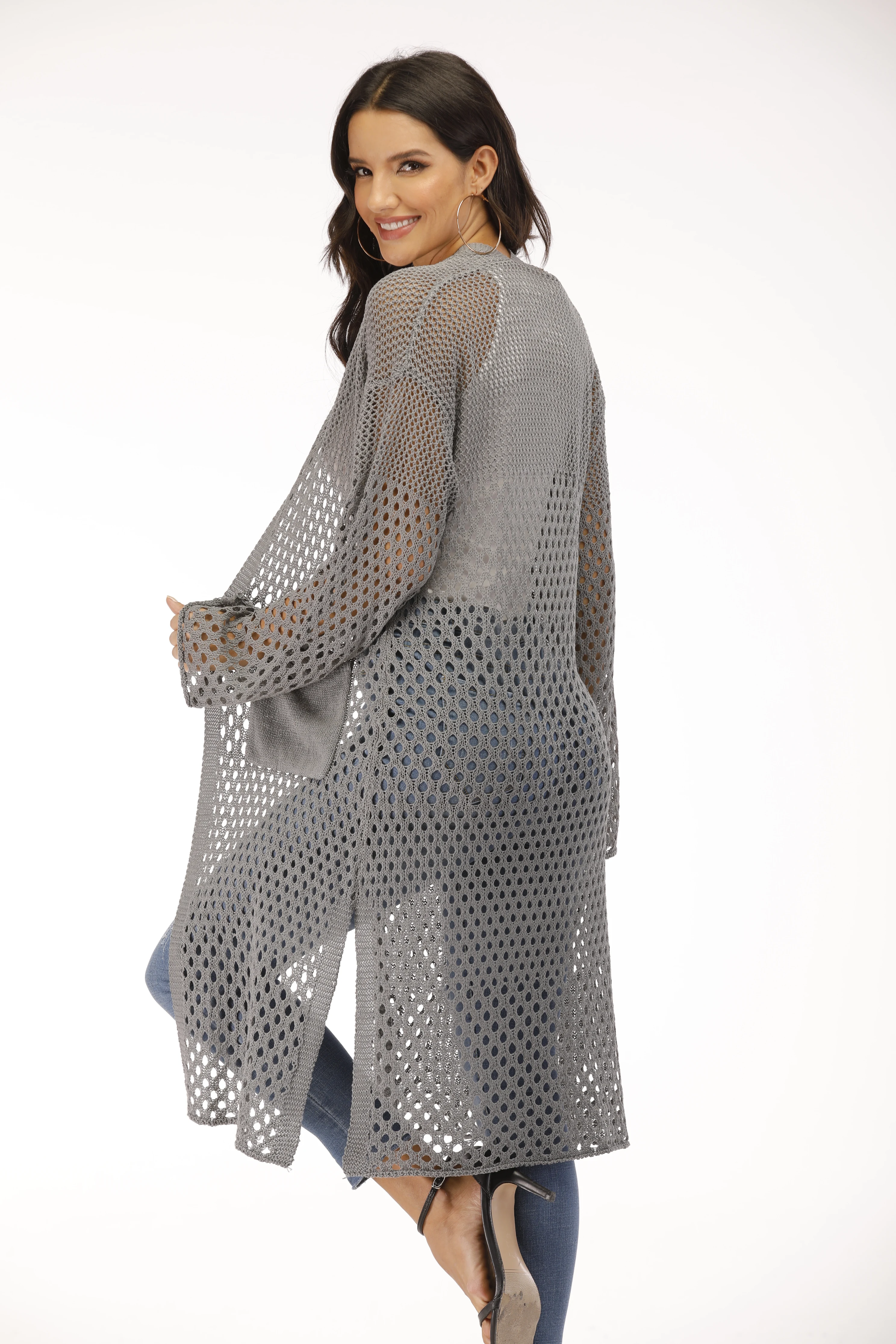 Оптовая Продажа с фабрики новое летнее женское вязаное пальто длинными рукавами и карманами длинное пальто-кардиган