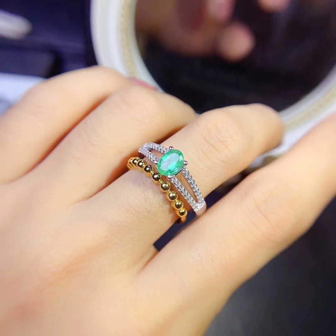 Hot Sale 925 Sterling Silver 4mm*6mm Natural Emerald Oval Cut Gothic Love Finger Women Ring