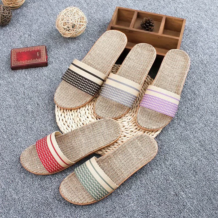 Adult breathable hotel slide sandal personalized flax slipper flat linen slippers