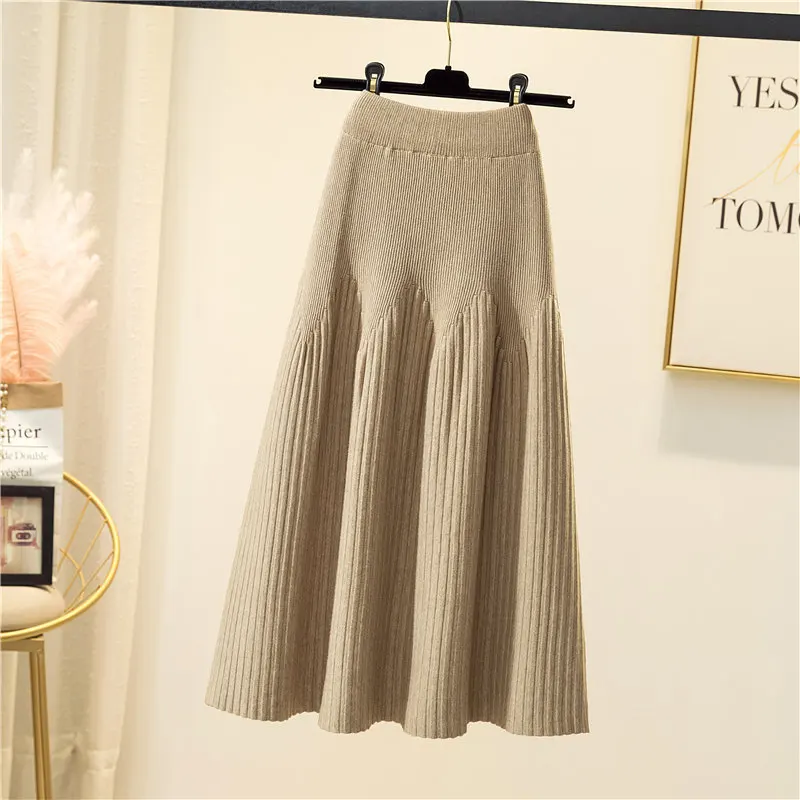 2022 New Autumn And Winter Mid-length Solid Color A-line Skirt Casual All-match Knitted Pleated Half-length Skirt Elegant skirt
