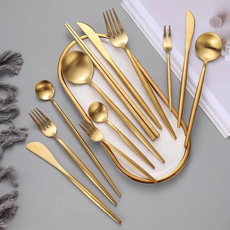 Hot Matte Gold Cutlery Set Fork Knife Spoon Silverware Stainless Steel Flatware Gold Cutlery Set For Wedding