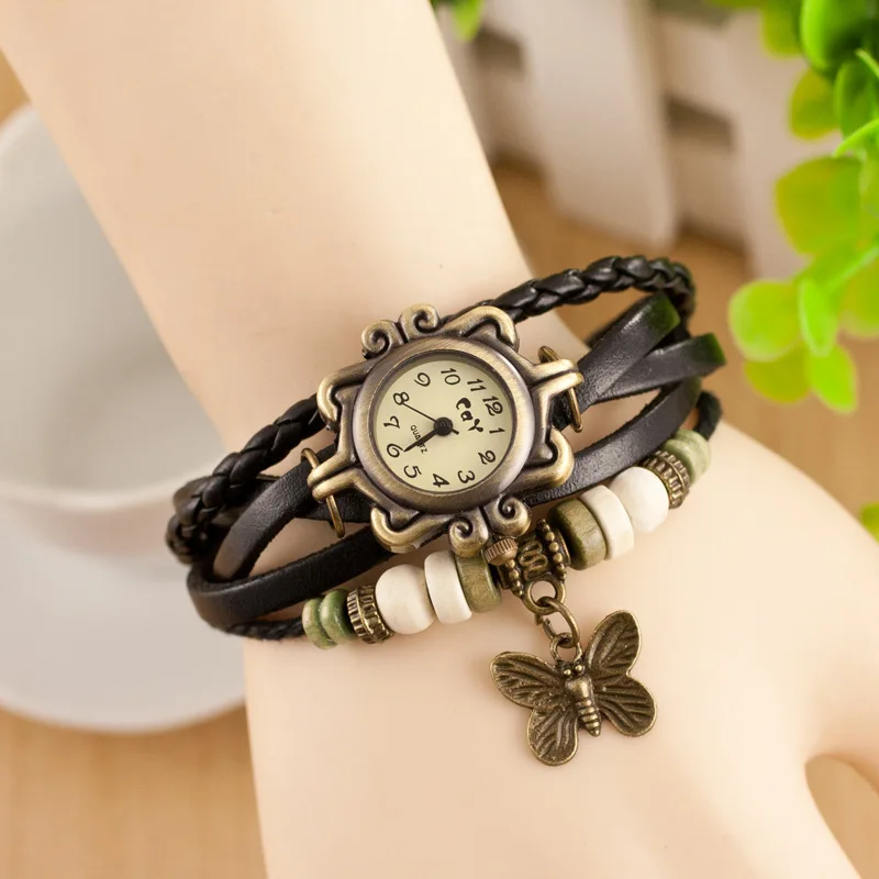 2021 High Quality Women PU Leather Vintage Watches,Women dress bracelet Wristwatches butterfly Pendant RW01