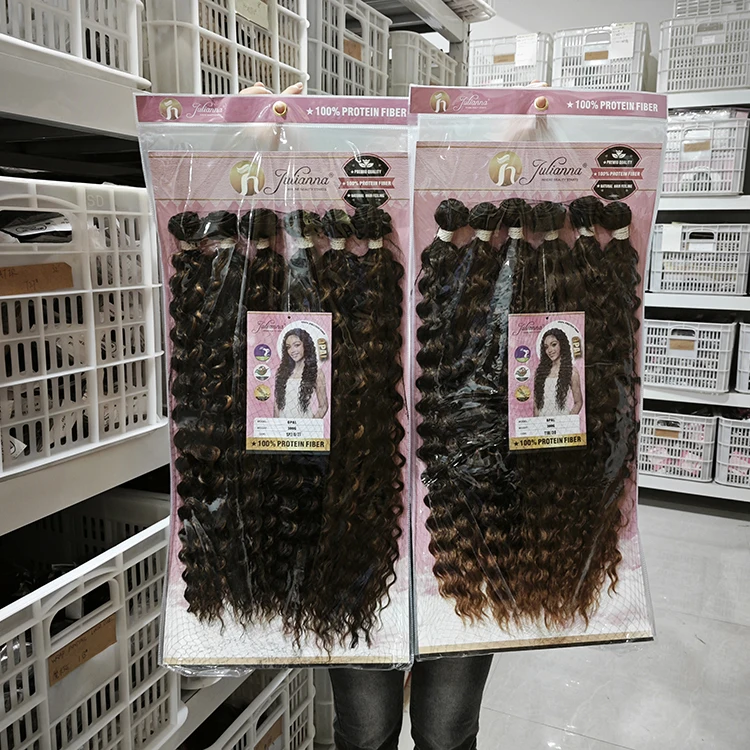 Julianna Wholesale Private Label Protein Organic Fiber High Quality Long Curly Double Drown Bundles Weft Synthetic Packet Hair