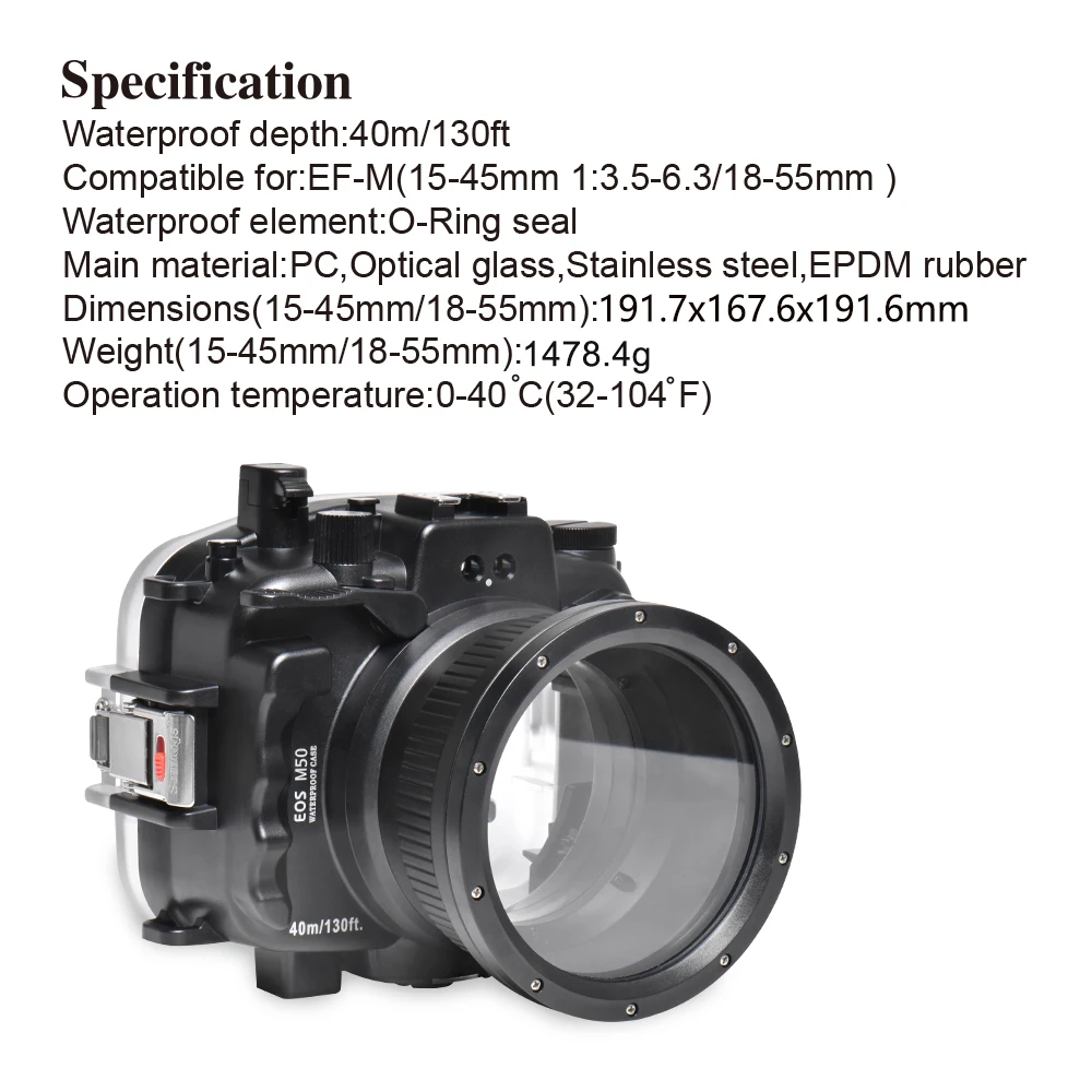 Seafrogs жесткий пластиковый водонепроницаемый 40 м/130ft чехол для камеры Canon M50 / Kiss m (фирменнй переходник для объектива Canon 18-55 мм/15-45 мм) корпус для камеры
