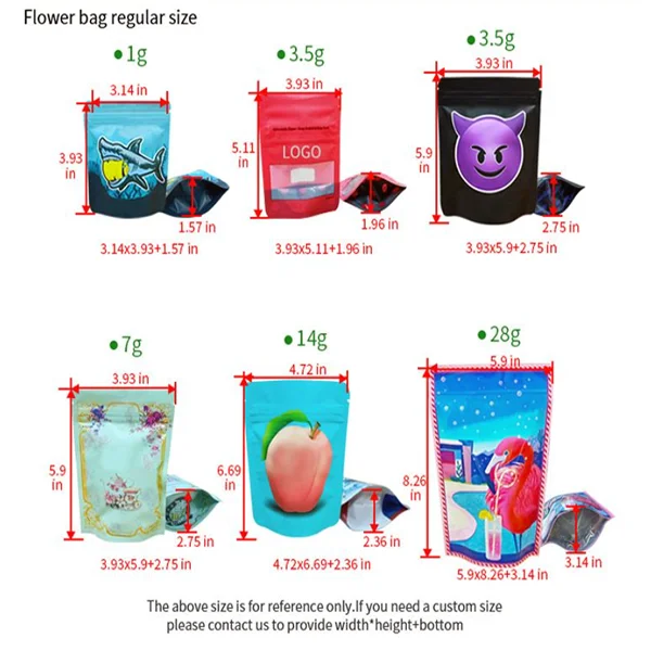 2023 Custom Printed PVC Ziplock Mylar Bags Aluminized Foil Smell-Proof Baggies Reusable 3.5g PE Paper Board Food Packaging