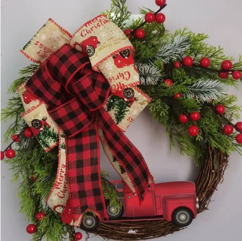 Red Truck Christmas Wreath Colourful Webbing Simulated Red Fruit Farmhouse Rustic Wreath Decoration
