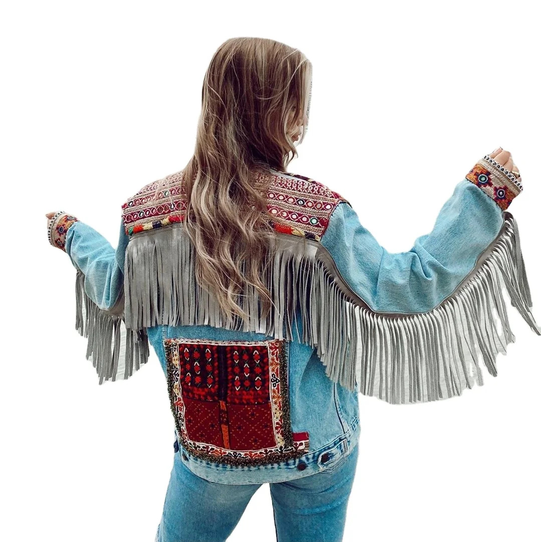 New Indian Style Lady Multi Color Long Sleeve Banjara Denim Jacket