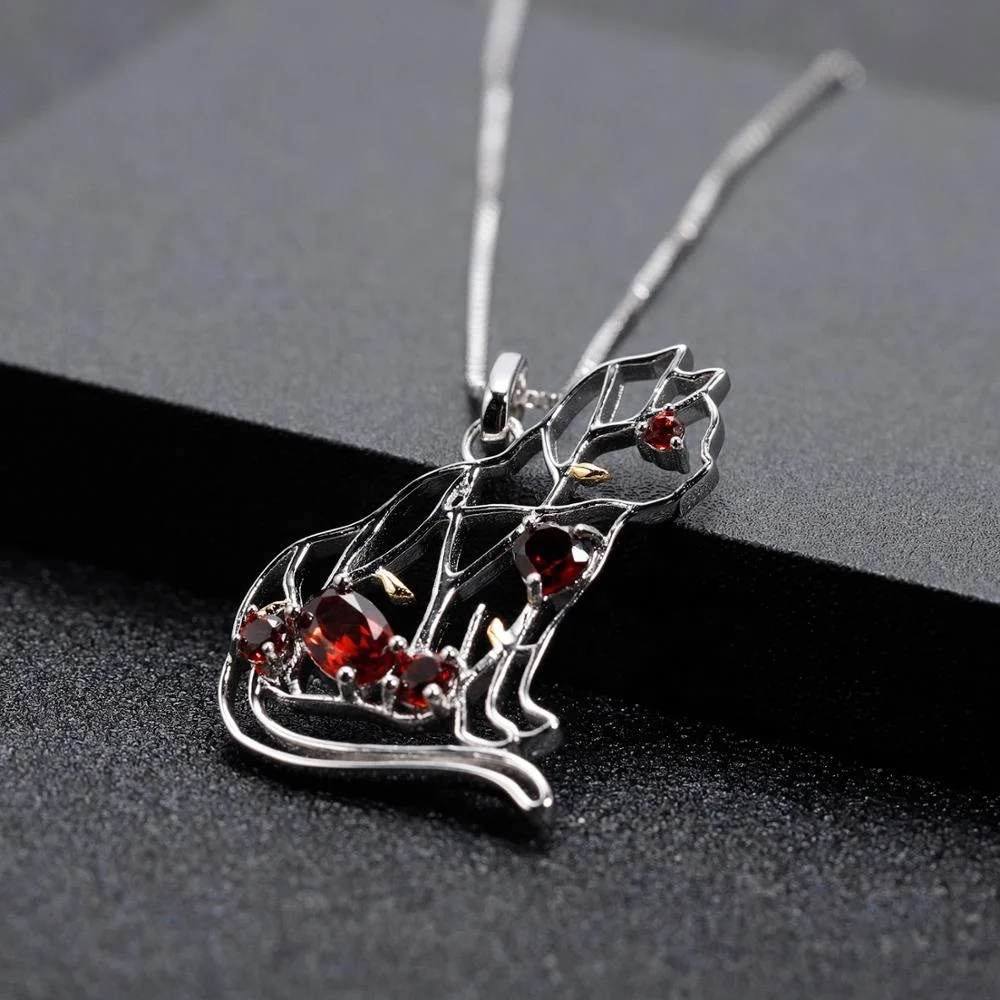 Abiding Jewelry Cat Animal Garnet Gemstone Women Handmade Fashion 925 Sterling Silver Custom Pendant Necklace