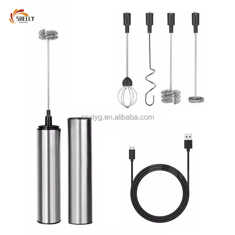 XL USB Rechargeable Milk Frother Coffee Mixer, Handheld Electric Foam Maker Whisk with Extra Heads 2 Adjustable Speeds for Latte