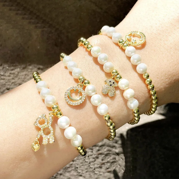 Popular Brass Micro Pave CZ Bear Smile Face Freshwater Pearl Bracelet For Ladies