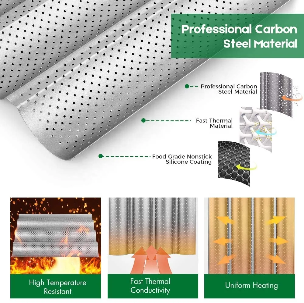 High quality Amazon Top selling 2 3 4 Waves Loaves Non Stick French Bread Mold Baguette Tray Baking Pan