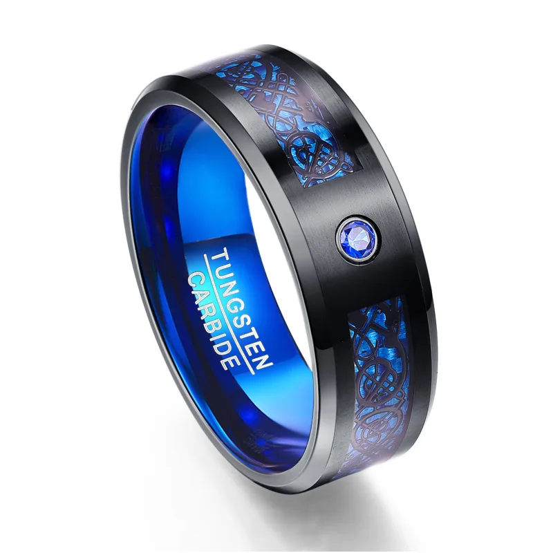 Latest style Carbon Fiber Scrub Blue Zircon Men Rings 100% Tungsten Carbide Anillos para hombres Black Dragon
