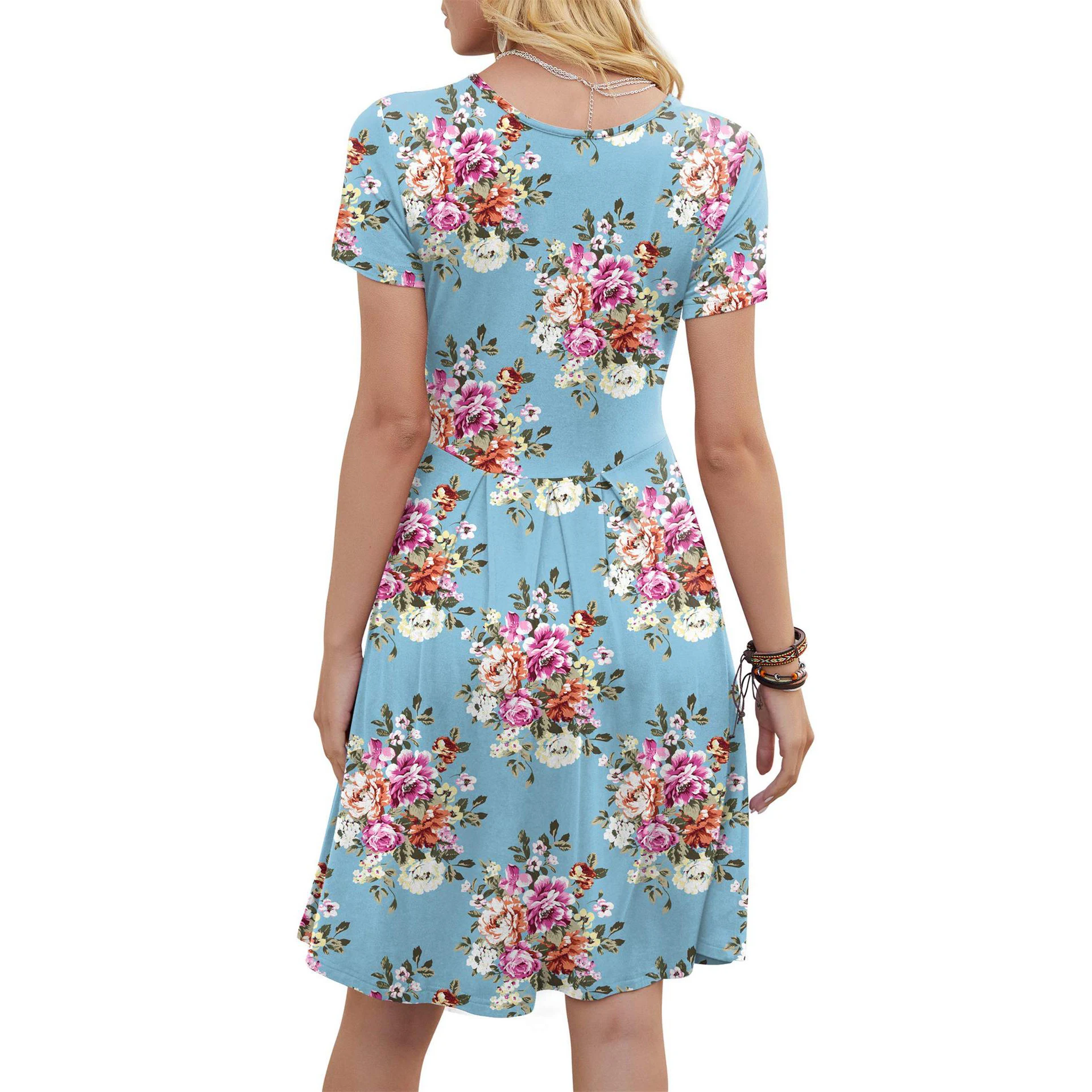 lady ruffle elastic loose comfy swing sundress elegant casual pocket floral print round collar short sleeve summer dress 2022