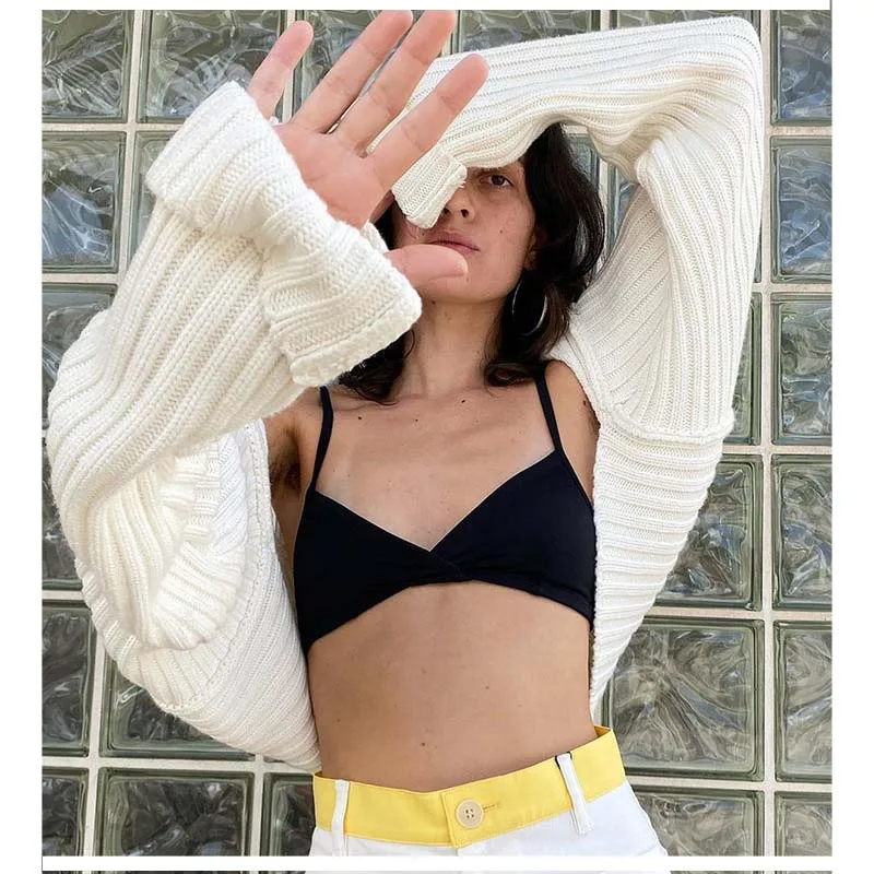 Temperament Casual Knitted Vest Sexy Solid Color Ultra Short Style Everything Long Sleeved Sweater Spice Girl Coat Crop Sweater