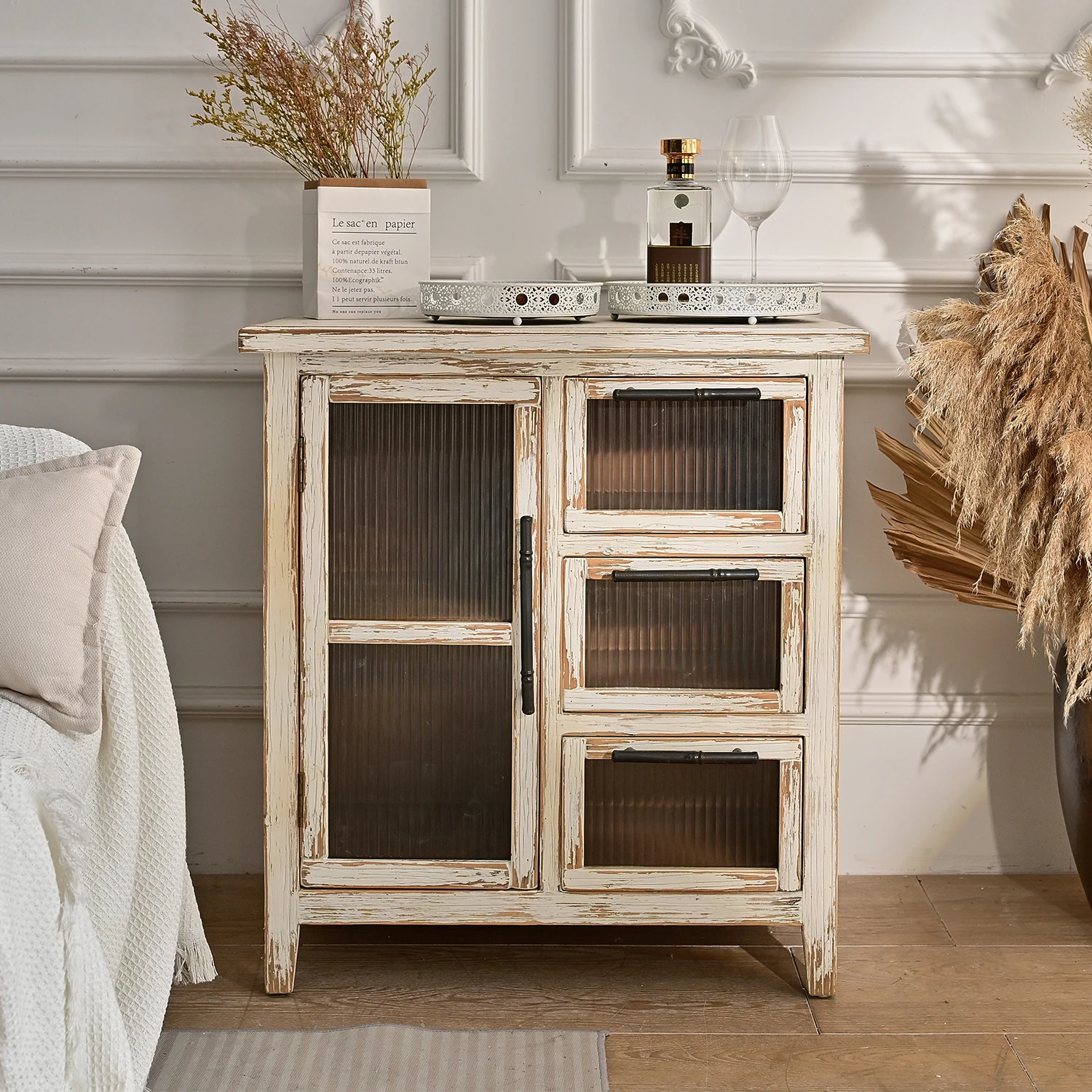 INNOVA Solid Wood Sideboard Rustic White Storage Drawers Glass Door Farmhouse Living Room Accent Cabinet Home Hotel Kitchen Use