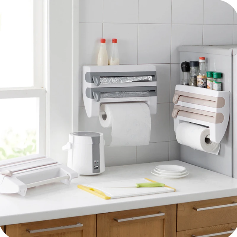 3 In 1 Plastic Wall-Mounted Kitchen Paper Towel Holder Spice Rack Cling Film Wrap Foil Dispenser With Cutter