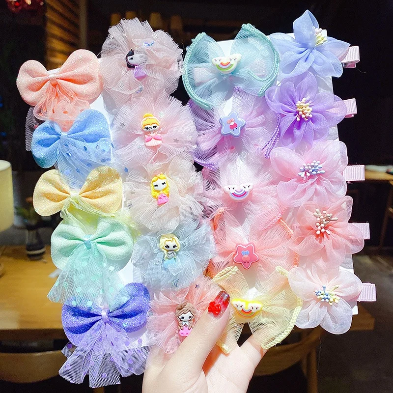 5pcs/Set Cute Flower Shape Hair Pin Mesh Fabric Rainbow Polka Dots Double Bow Hair Pin Set For Girls