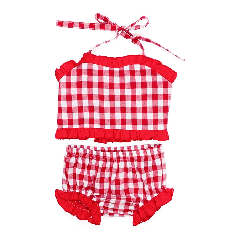 wholesales children girls baby clothes woven plaid 2pc swimsuit girls cotton swimwear