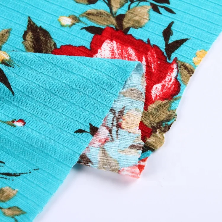 96% Polyester 4% spandex flower pattern rib knit custom printed rib stretch floral printed fabric for dress