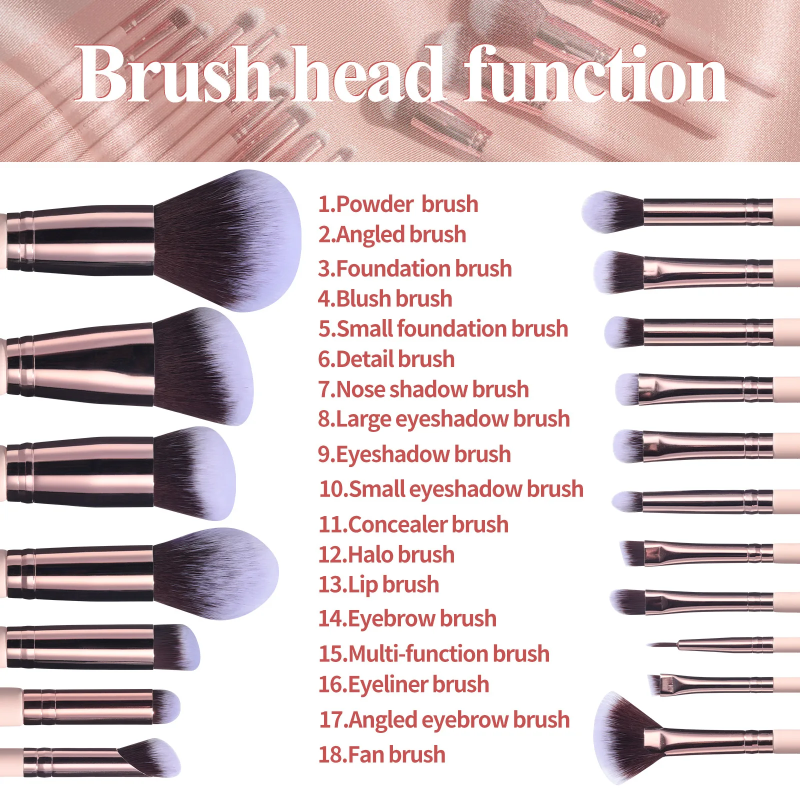 Factory Premium Synthetic Pink Kabuki Wood Makeup Brush Sets with holder & kits 18 Pcs and 5 Sponge & Holder Sponge Case