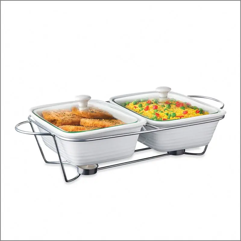 Wholesale Set Of 2 Rectangle White Porcelain Baking Dish On Stand Ceramic Bakeware Lid Casserole Food Warmer Set Casseroles