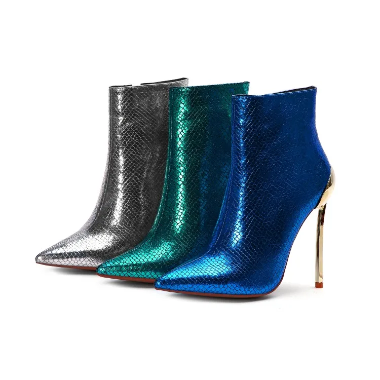 HMB215 shining PU leather metal thin high heel pointed toe ankle high quality boots for women