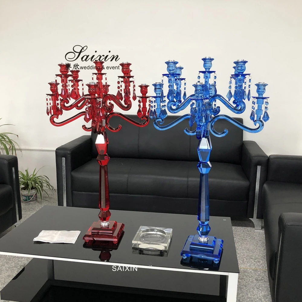 ZT-101B 9 arms blue colors crystal glass candelabra wedding table decoration