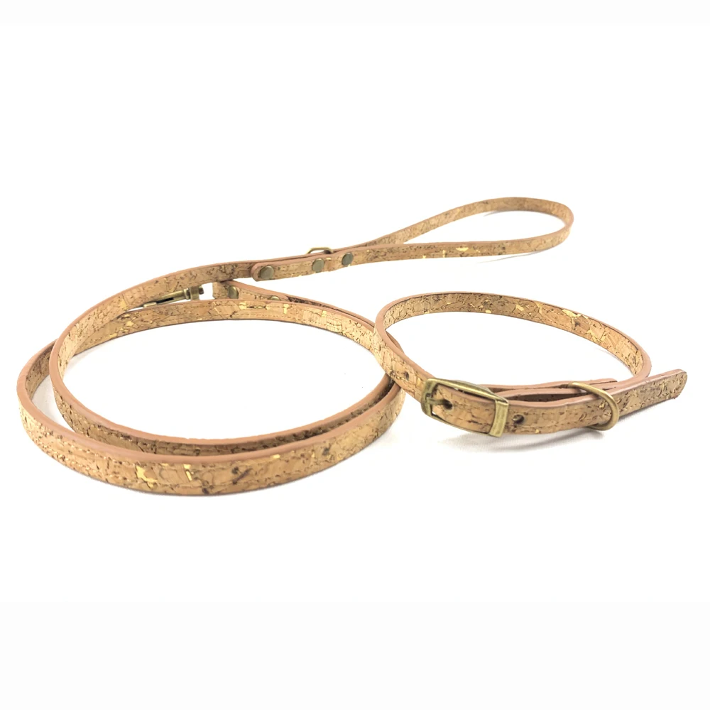 Wholesale Manufacturer Cork Pet Dog Collar Leash Set Hardware Gold Flex Natural Eco Friendly with Brass Training Running