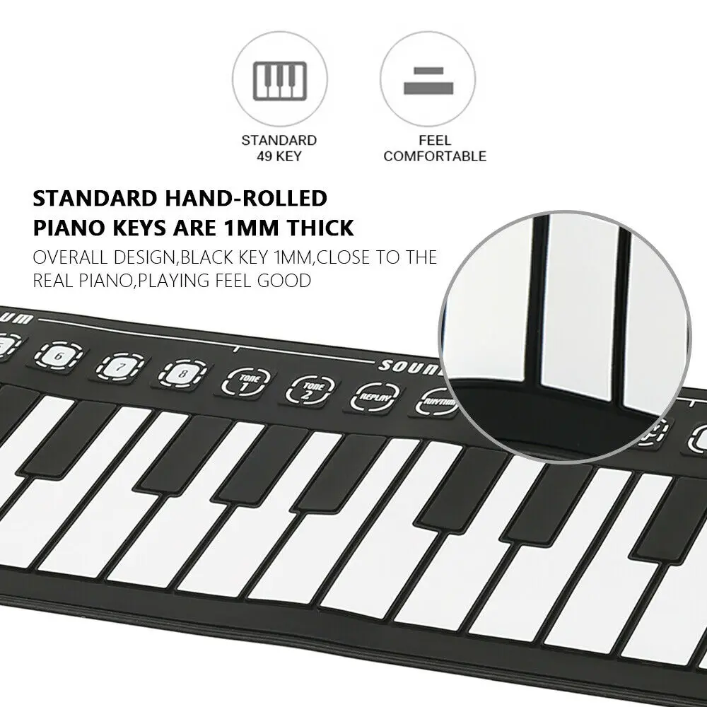 USB Hand Roll Up Piano Portable Folding Electronic Organ Keyboard Instruments 49 Key for Music Lovers Playing Accessories