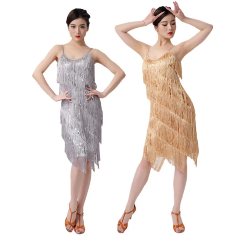 Tassels Dance Dress Sequin Fringed Skirt V-neck Dress Latin Ball Dance Performance Clothes Stage Show Competition Clothes