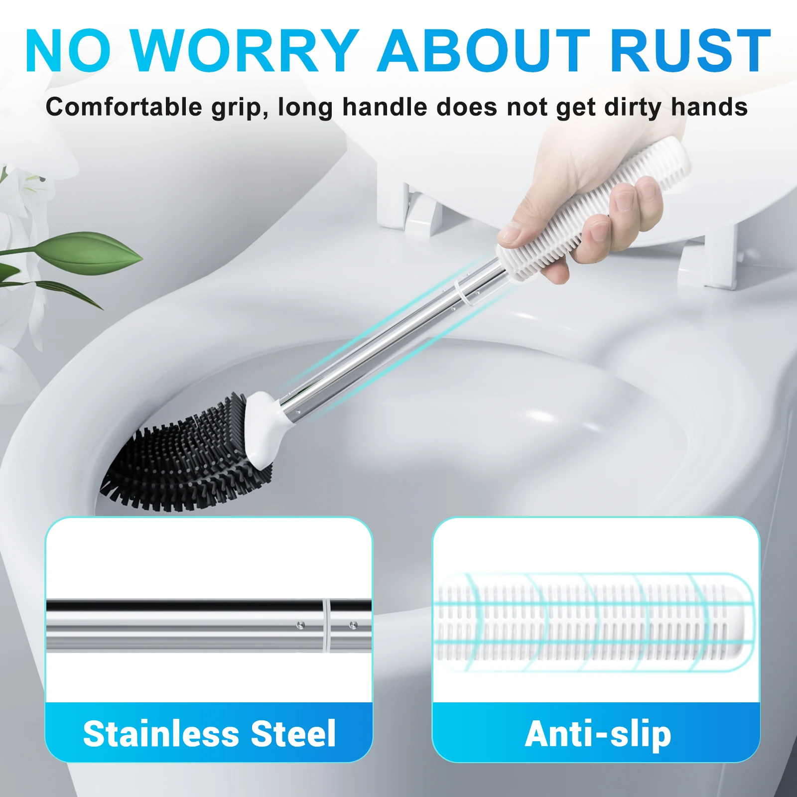 Набор щеток и держателей для унитаза Fowooyeen, силиконовая щетка для унитаза с ручкой из нержавеющей стали и вентилируемым держателем для сушки